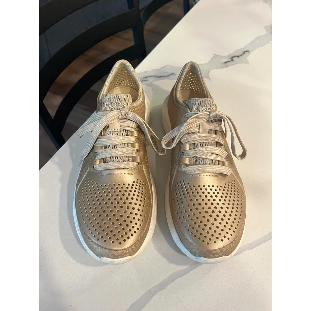 Crocs LiteRide Pacer Gold Metallic Sneakers Women 10 Comfort Lace Up Lightweight